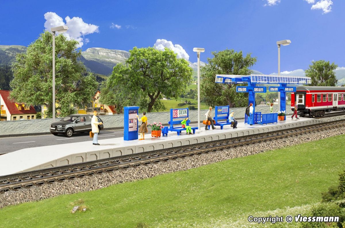 Kibri H0 (1:87) 39557 - Spur H0 Moderner Bahnsteig mit LED Beleuchtung Funktionsbausatz | Modellbahn | Modelleisenbahn