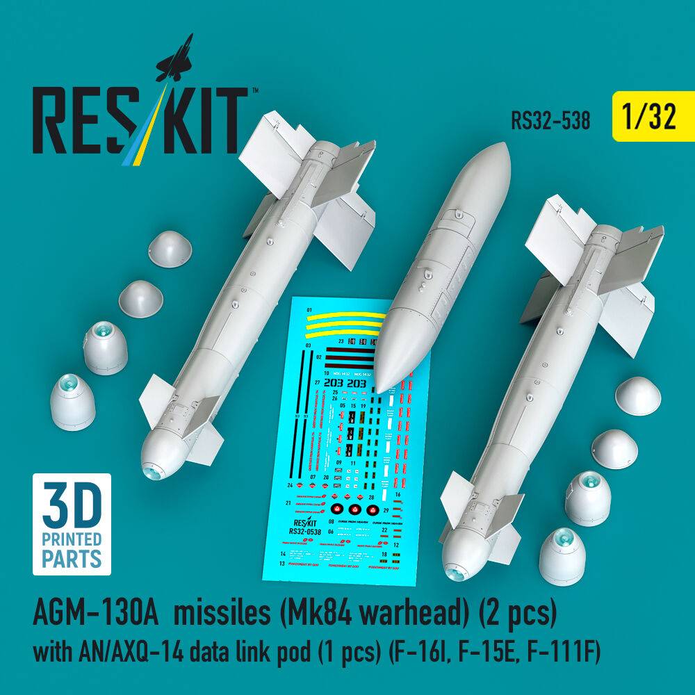 ResKit Models RS32-0538 - AGM-130A missiles (Mk84 warhead) (2 pcs) with AN/AXQ-14 data link pod (1 pcs) (F-16I, F-15E, F-111F) (3D Printed) |