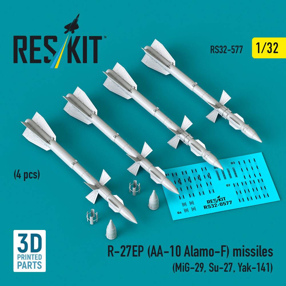 ResKit Models RS32-0577 - R-27EP (AA-10 Alamo-F) missiles (4 pcs) (MiG-29, Su-27, Yak-141) (3D Printed) | Modellbau