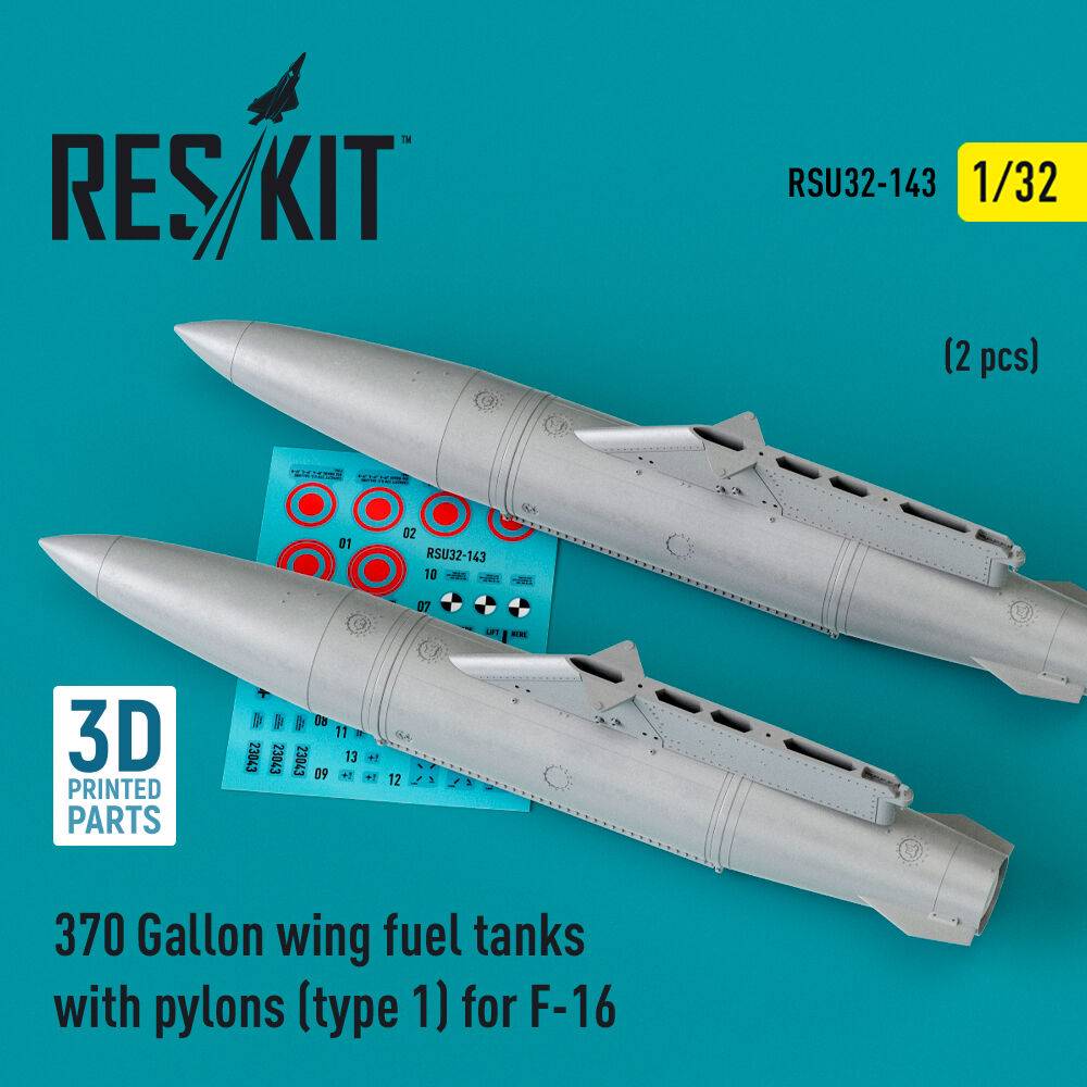 ResKit Models RSU32-0143 - 370 Gallon wing fuel tanks with pylons (type 1) for F-16 (A/B/C/D/E/F/I) (2 pcs) (3D Printed) | Modellbau