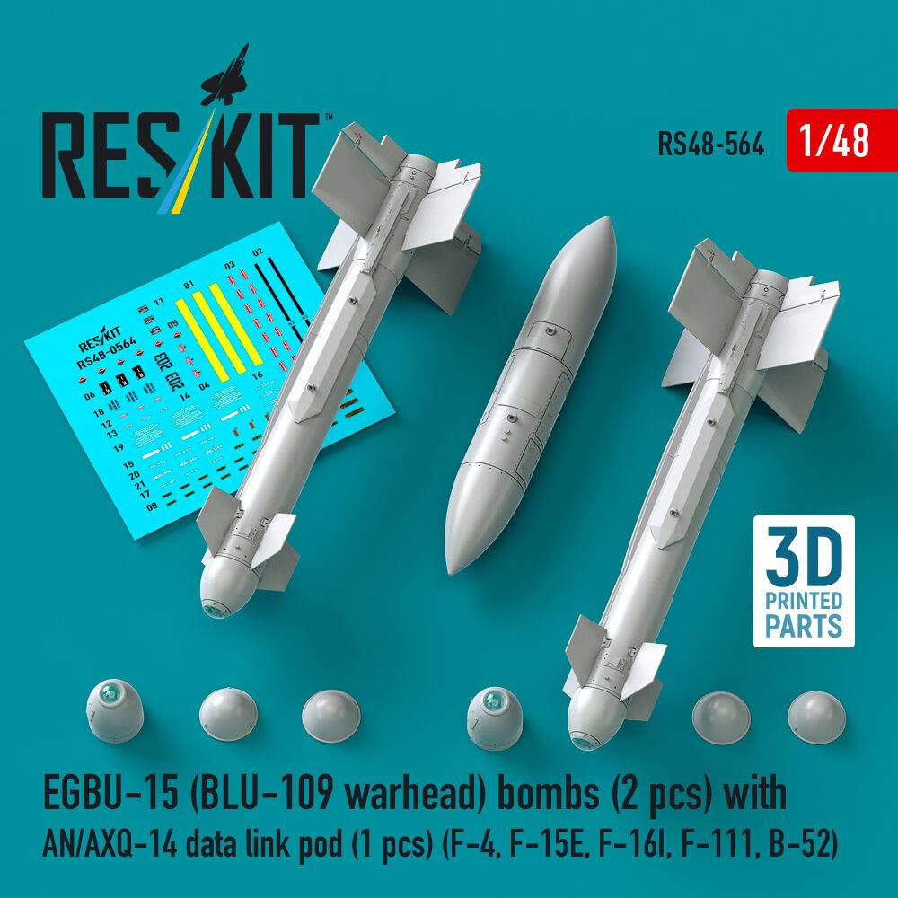 ResKit Models RS48-0564 - EGBU-15 (BLU-109 warhead) bombs (2 pcs) with AN/AXQ-14 data link pod (1 pcs) (F-4, F-15E, F-16I, F-111, B-52) (3D Printed) |
