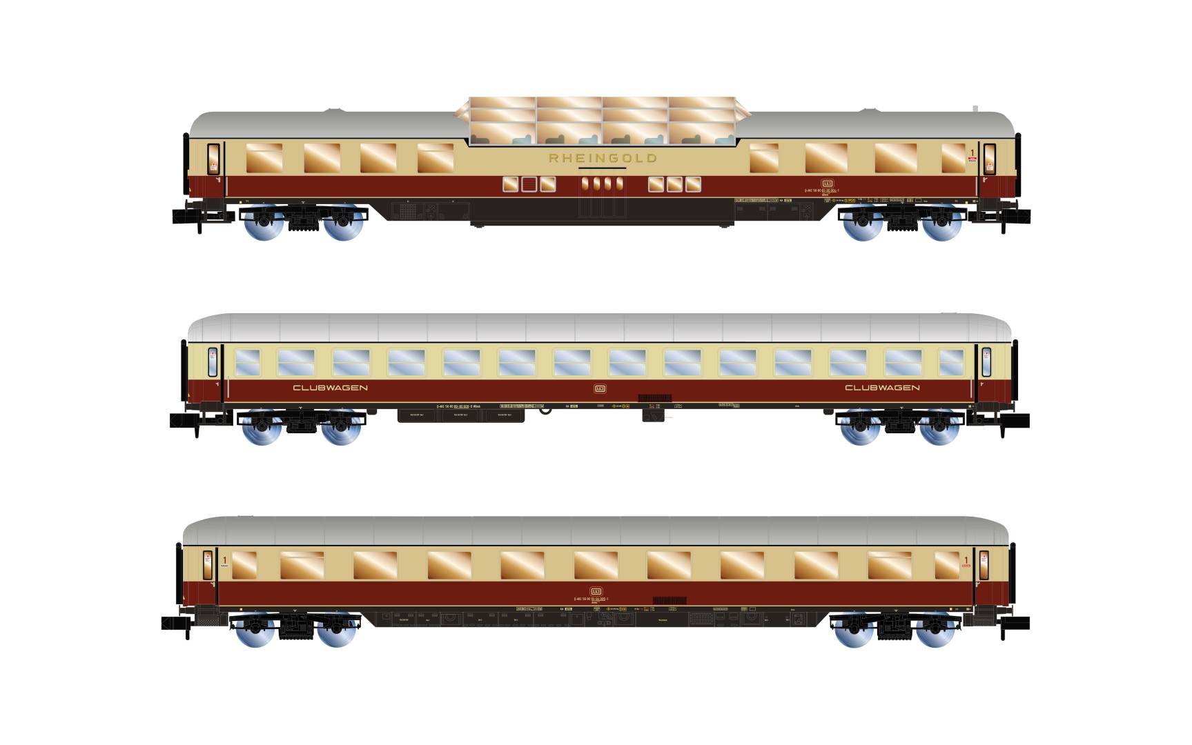 Arnold N HN4507 - AKE, 3-tlg. Set „Rheingold“, Set 1/2, bestehend aus 1 x Aussichtswagen ARDm + 1 x Clubwagen WGmh + 1 x Wagen Avmz, Ep. VI |