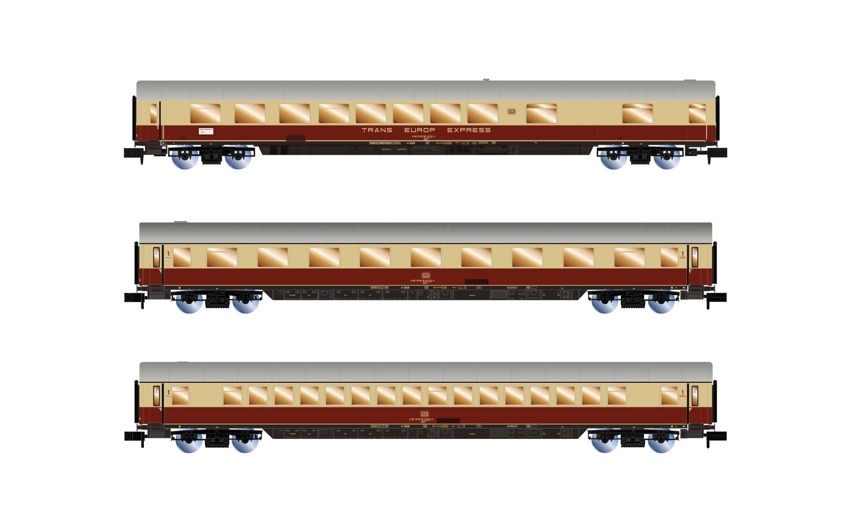 Arnold N HN4508 - AKE, 3-tlg. Set „Rheingold“, Set 2/2, bestehend aus 1 x Speisewagen ARmh217 + 1 x 1. Klasse Wagen Avmz + 1 x Wagen Apmz, Ep. V |