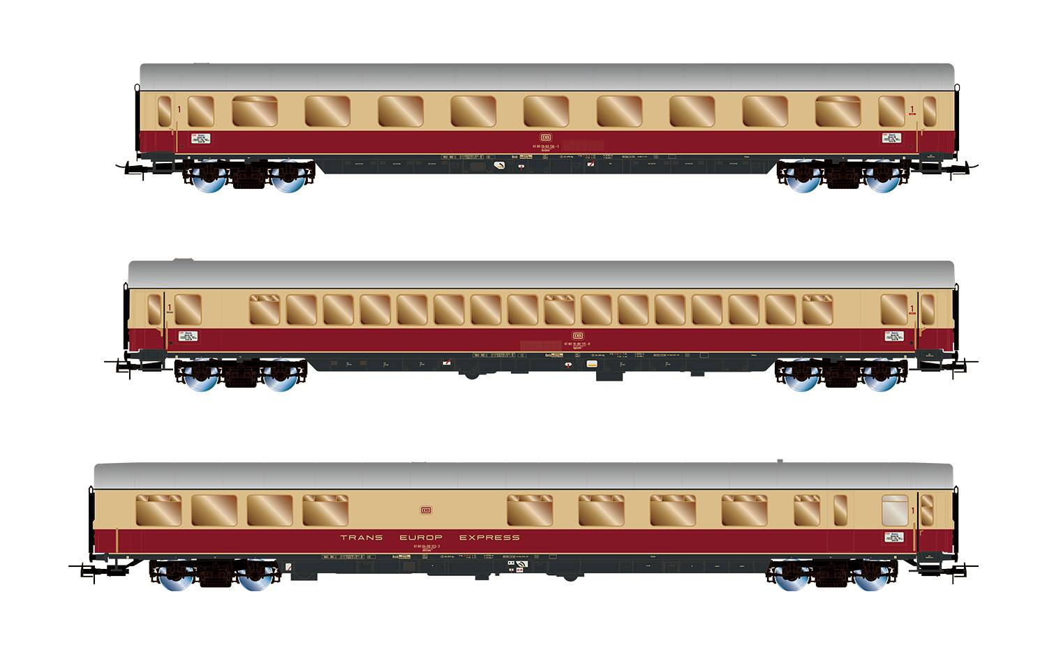 Rivarossi H0 (1:87) HR4373 - DB, 3-tlg. Set Reisezugwagen „TEE Bavaria in rot/beiger Lackierung, bestehend aus 1 x Apmz, 1 x Avmz, 1 x ARDm, Ep. IV |