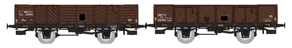 REE Modeles H0 (1:87) WB-819 - Set of 2 PLM Gondola 4 doors, brown 540, TTw 225435 et TTw 225379 SNCF Era III A | Modellbahn | Modelleisenbahn