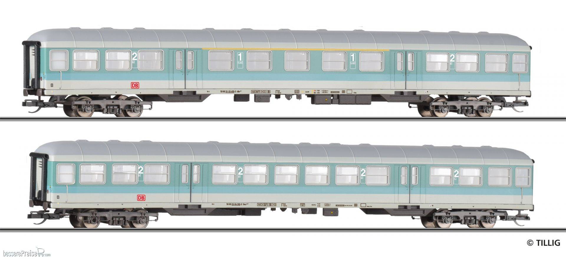 Reisezugwagenset der DB AG, bestehend aus einem Reisezugwagen 1./2. Klasse ABn 703 und einem Reisezugwagen Bn 719, Ep. V
