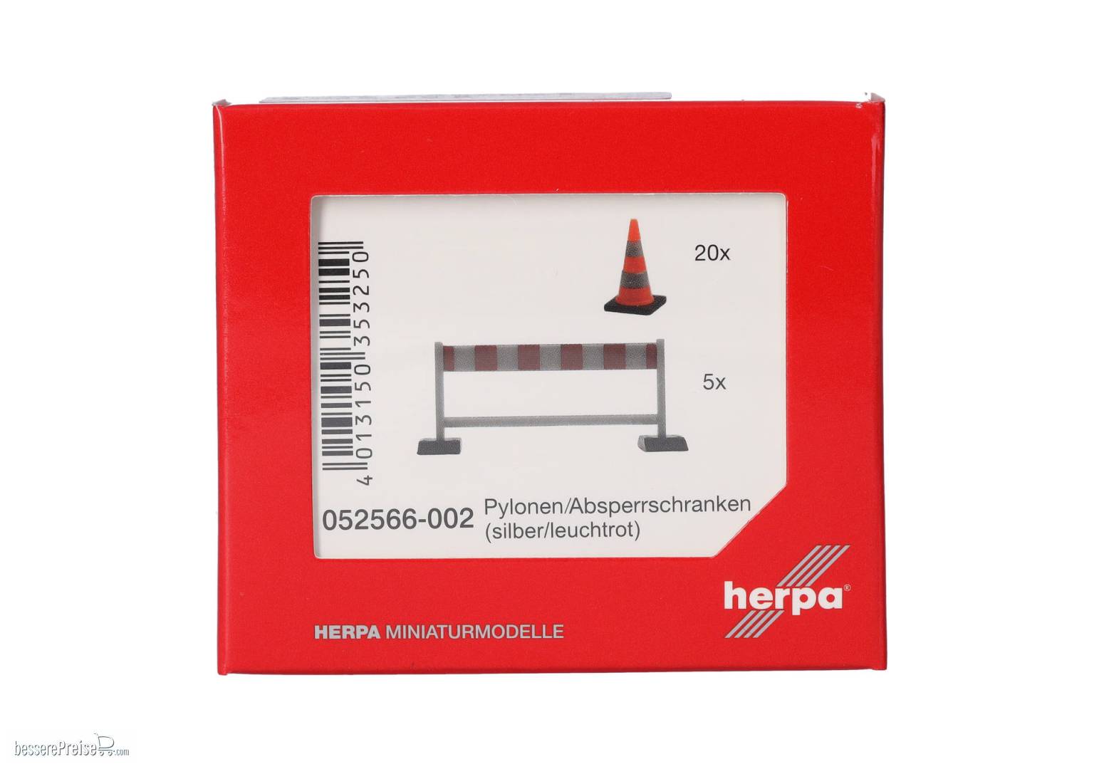 Herpa 052566-002 - Zubehör Pylonen (20 Stück), Absperrschranken (5 Stück), silber/leuchtrot | Modellbahn | Modelleisenbahn