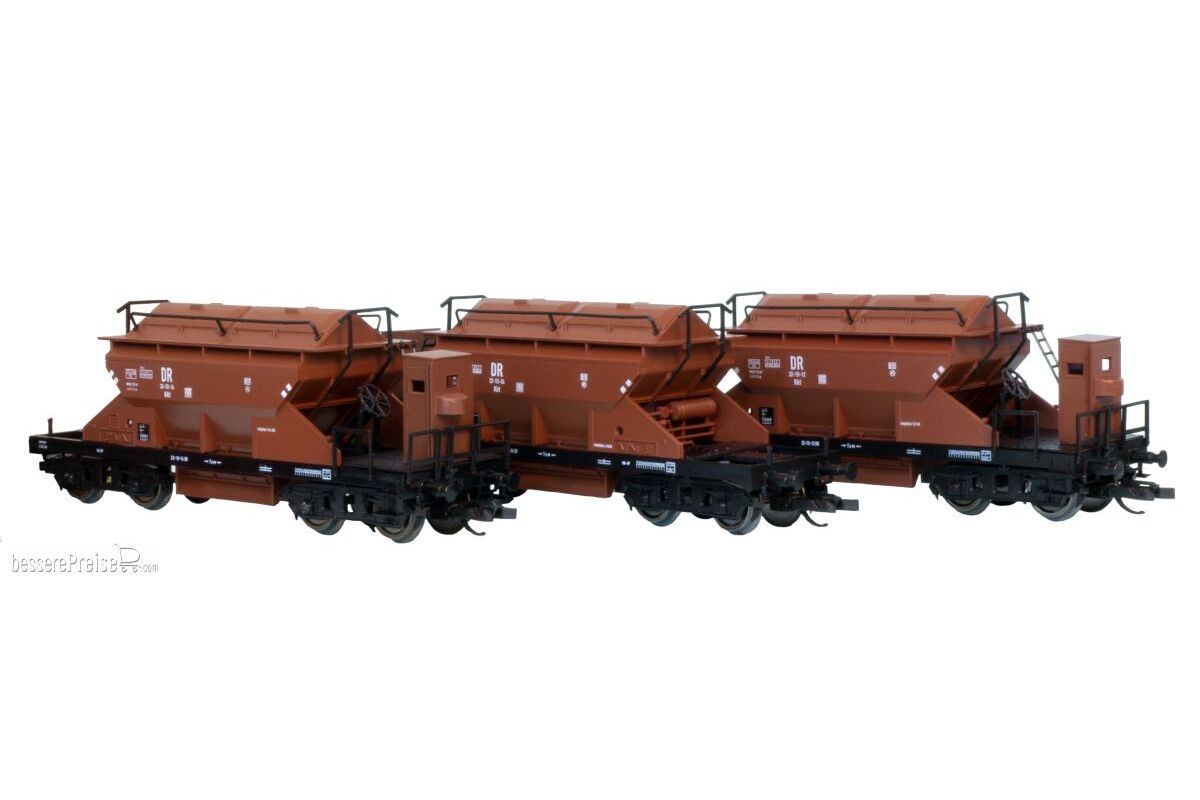 Sattelbodenselbstentladewagen KKt mit Bremserhaus, DR Ep III, 3er Set, TT, neue Betriebsnummer