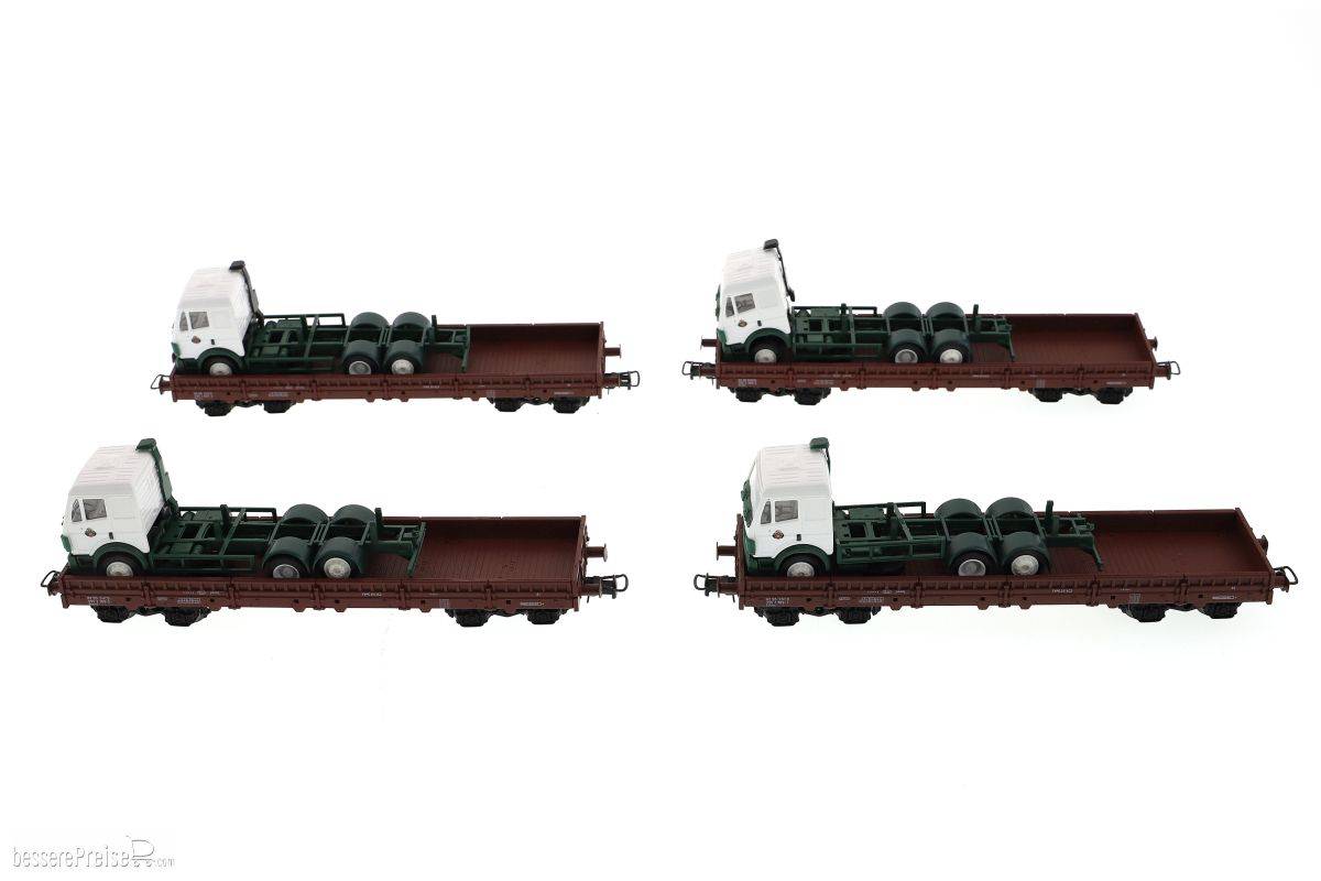 4-SET, 4-achsiger Niederbordwagen SNCB, braun, beladen mit LKW-Chassis und Fahrerkabine mit Aufdruck Clausthaler Bierwagen, MB, einmalige Auflage, Ep.IV/V