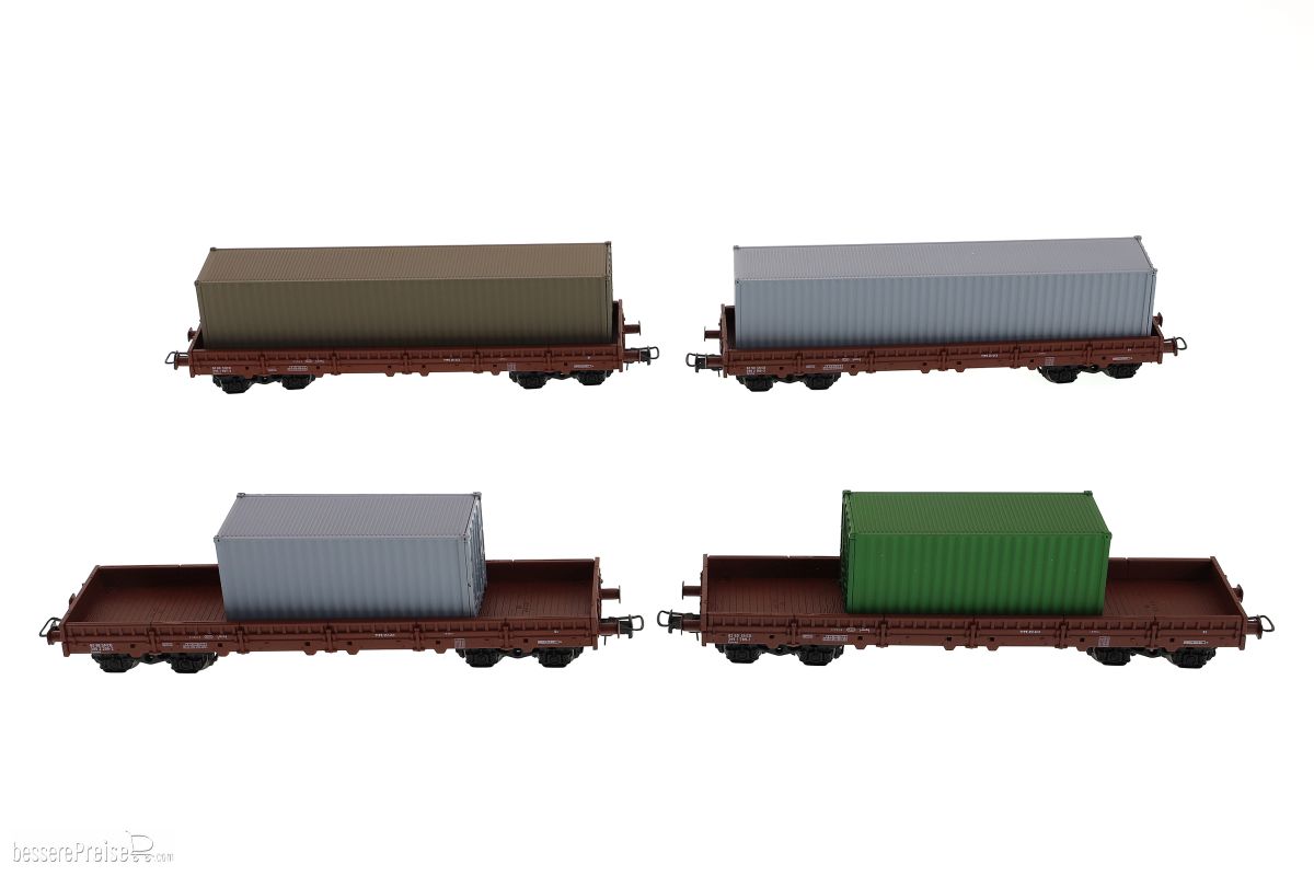 4-SET, 4-achsiger Niederbordwagen SNCB, braun, beladen mit 20+40 Fuß Container unbedruckt/unbeschriftet, typische Farblackierung US-Army, einmalige Auflage, Ep.IV/V