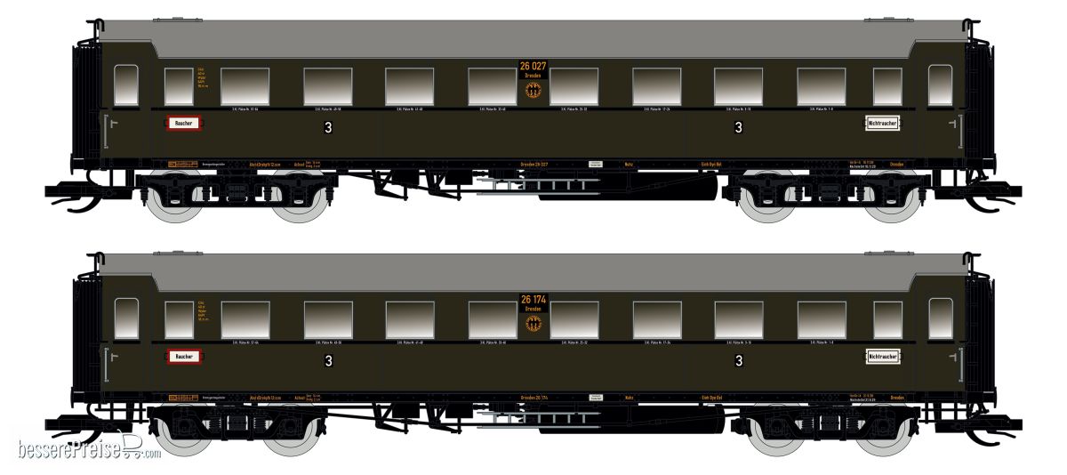2er Set Personenwagen C4Ü Sa 07 m. Beleuchtung, DRG Ep.II Inkl. Digital schaltbarer Innenbeleuchtung (leuchtet auch im Analogbetrieb) - DRG - Ep.II