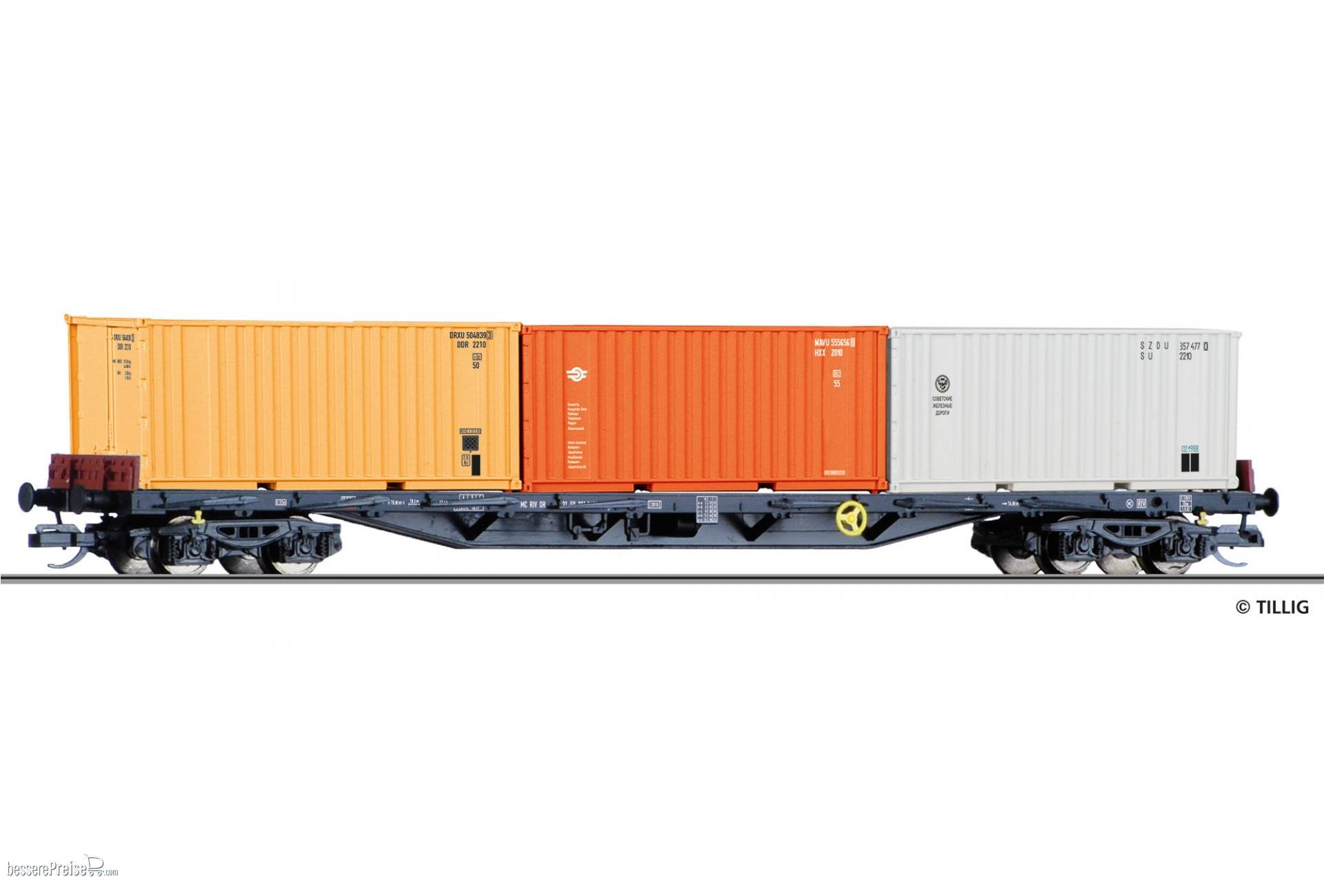 Containertragwagen Rgs 3910 der DR, beladen mit drei 20‘ Containern, Ep. IV