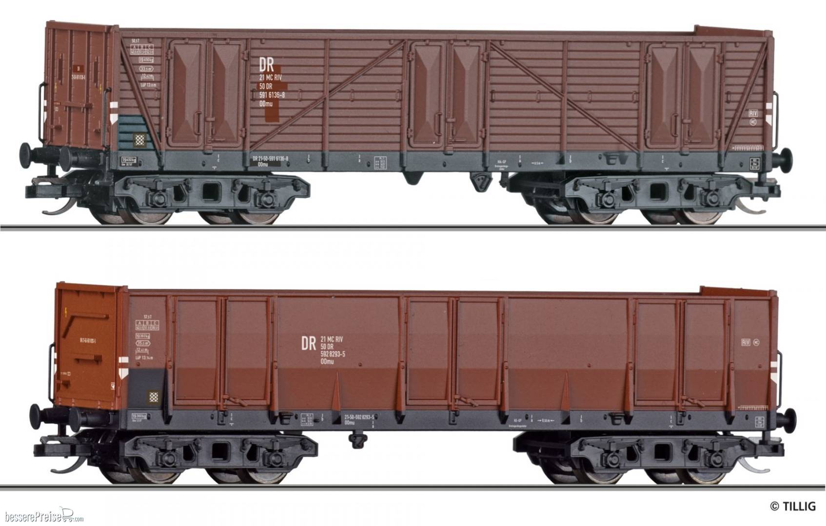 Güterwagen-Set der DR, bestehend aus zwei offenen Güterwagen mit Schrottladung