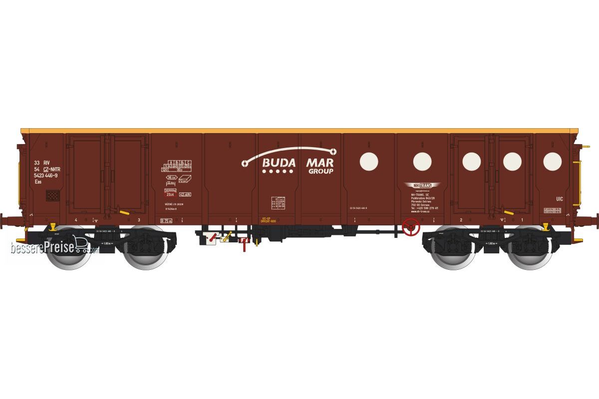 Tschechischer offener Güterwagen CZ-NHTR (NH TRANS,) BUDAMAR, Bauart Eas, brauner Farbgebung mit schwarzen Y 25-Drehgestellen und vier Türen, Ep.VI