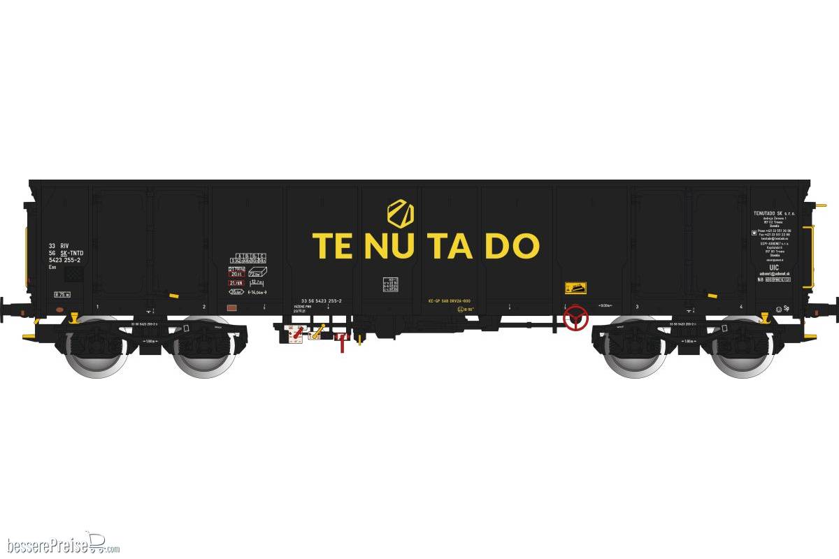 Slowakischer SK-TNTD TENUTADO offener Güterwagen, Bauart Eas, in schwarzer Farbgebung mit schwarzen Y 25 Drehgestellen und vier Türen, Ep.VI