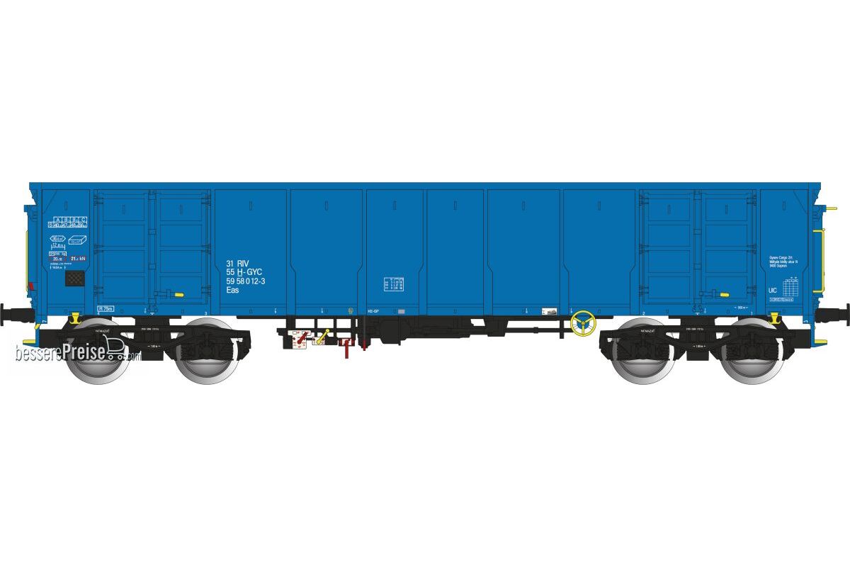 Ungarischer H-GYC (GySEV Cargo) offener Güterwagen, Bauart Eas, in blauer Farbgebung mit schwarzen Y 25 Drehgestellen und vier Türen, Ep.VI