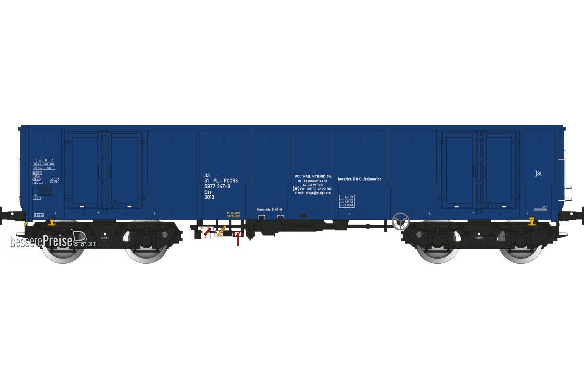Polnischer offener Güterwagen der PL-PCCRB, Bauart Eas 3013, in blauer Farbgebung mit schwarzen ORE-A-Drehgestellen und mit vier Türen, Ep.VI