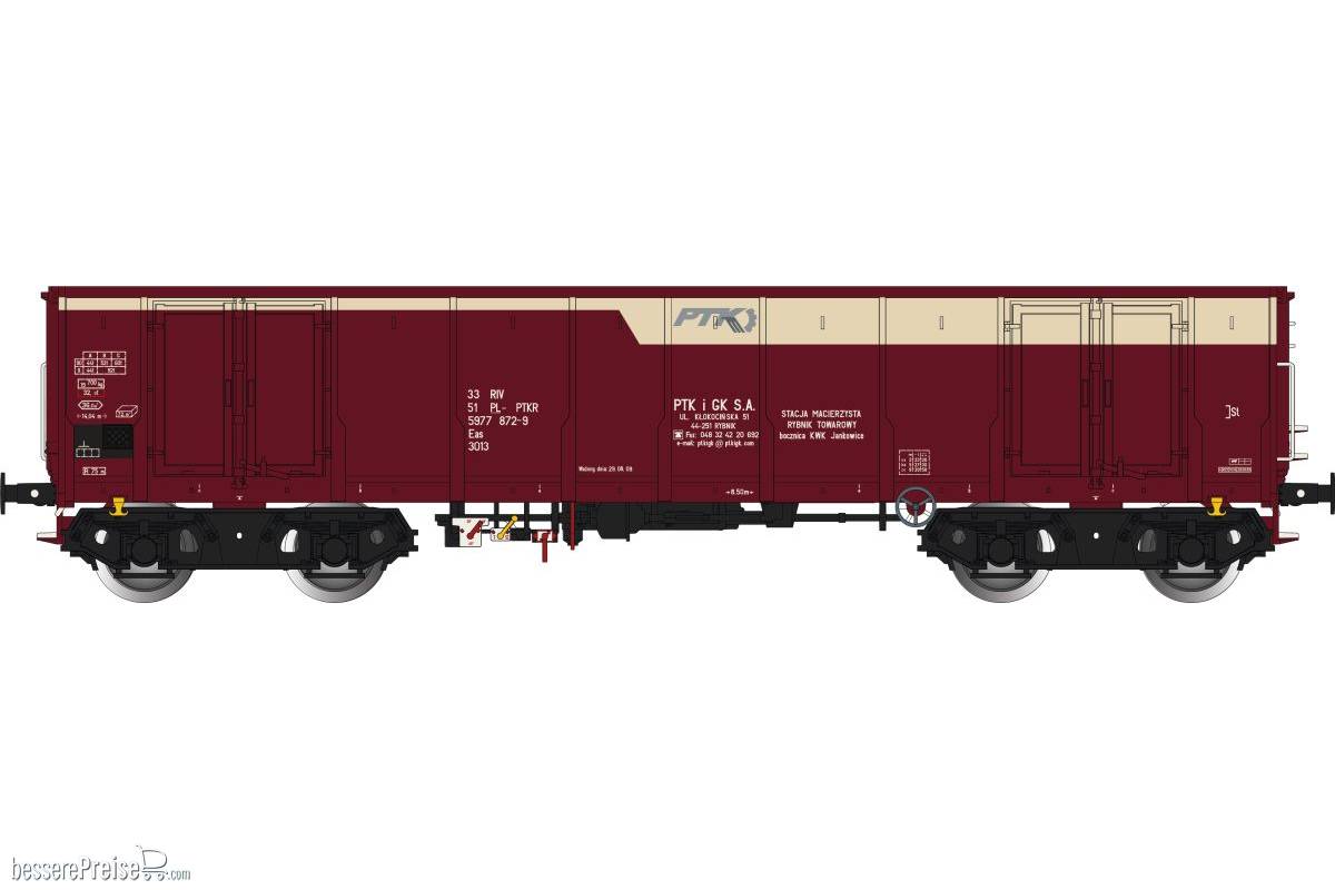 Polnischer offener Güterwagen der PL-PTKR, Bauart Eas 3013, in brun/weißer Farbgebung mit schwarzen ORE-A-Drehgestellen und vier Türen, Ep.VI
