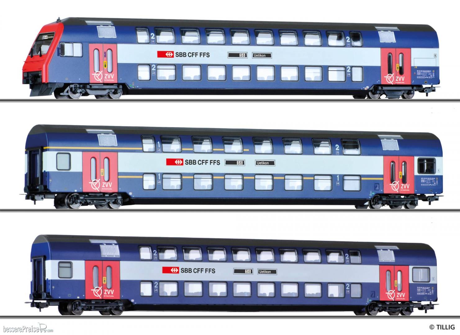 Doppelstockwagenset der SBB, bestehend aus Doppelstock-Steuerwagen Bt, einem 1./2. Klasse-Wagen AB und einem 2. Klasse-Wagen B, Ep. V/VI