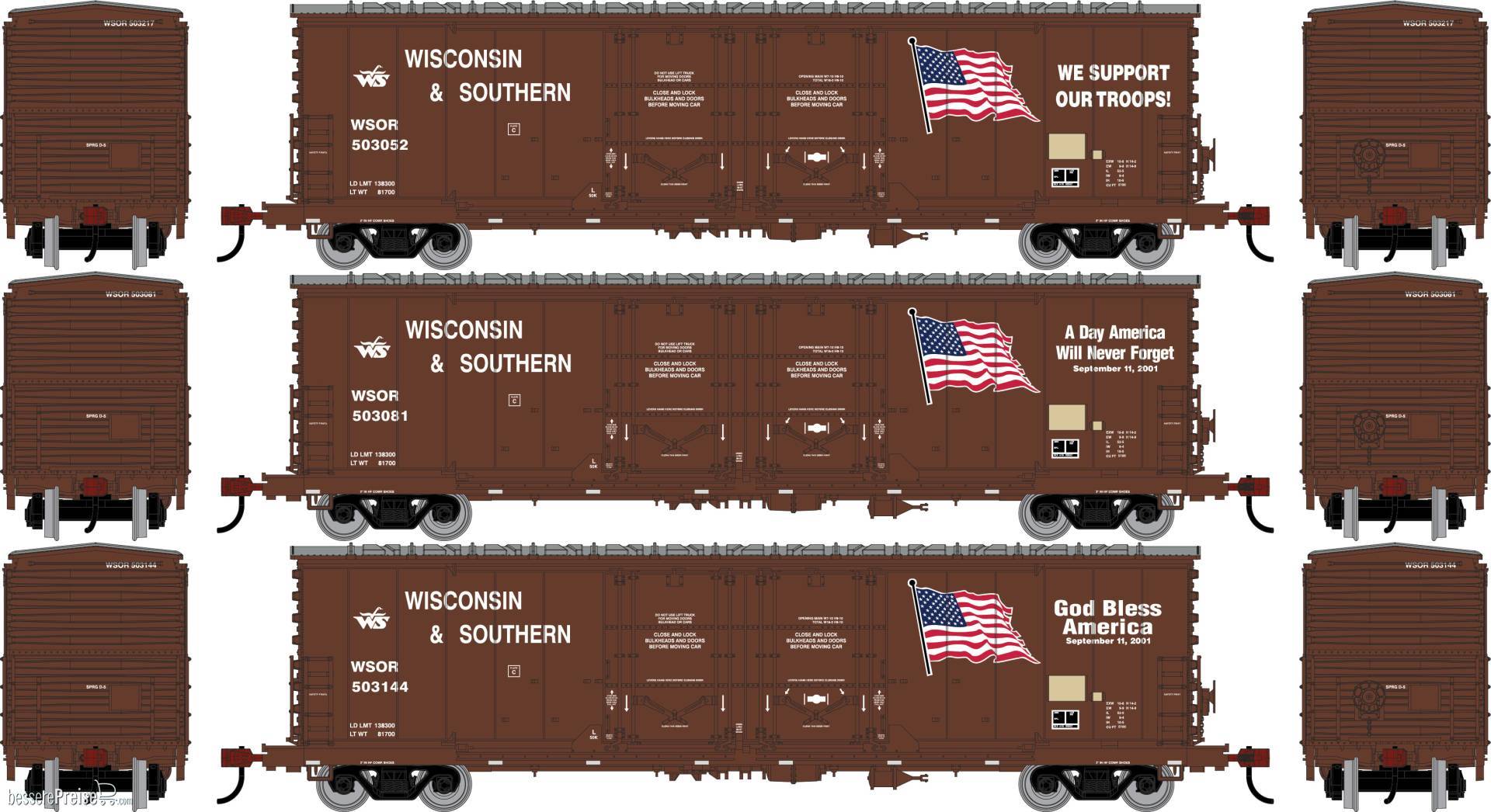 HO ATH 50' Evans Double Plug Door Box Car WSOR 'Flag Cars' #503052/503081/503144 (3)