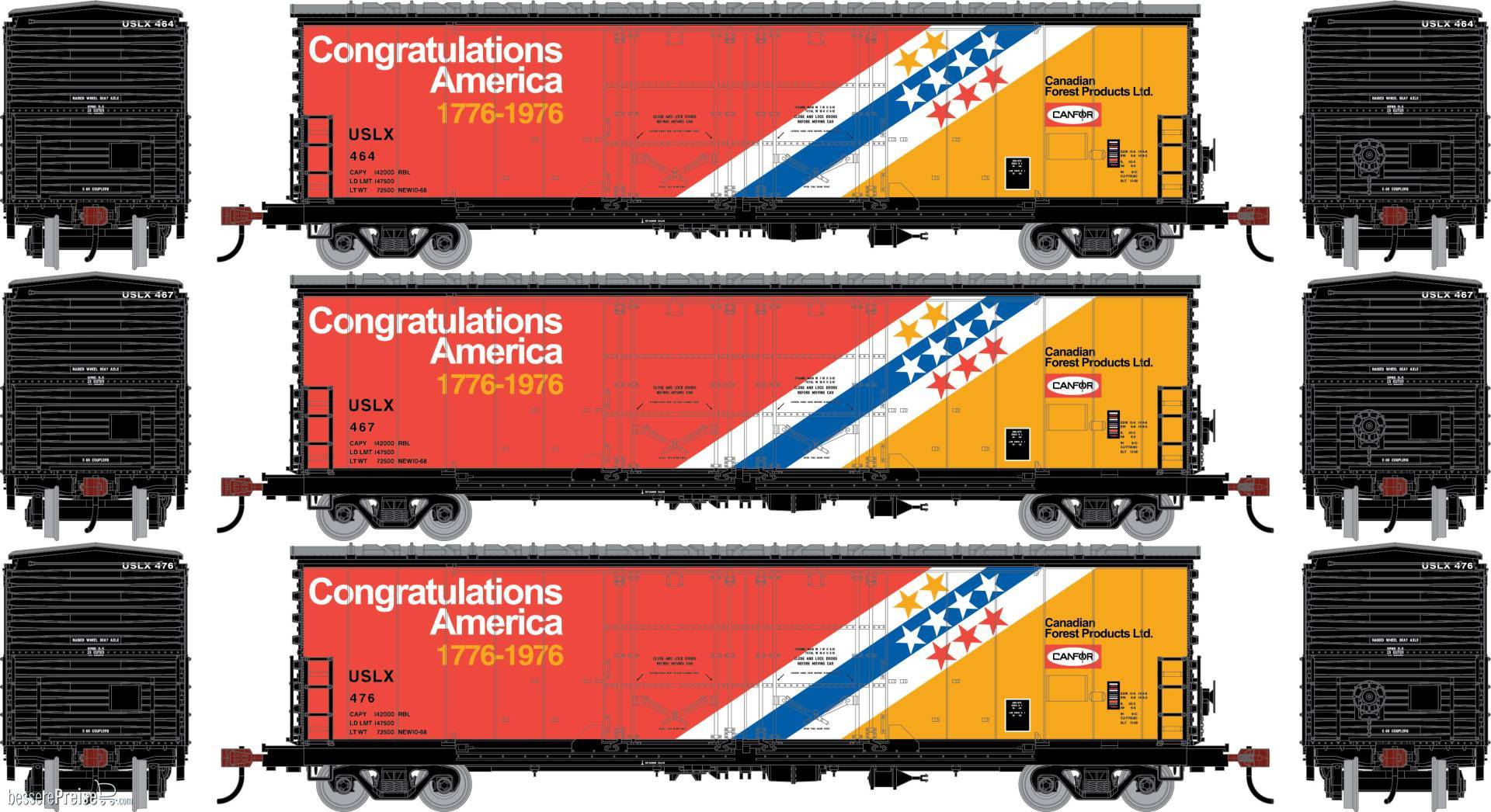 HO ATH 50' Evans Double Plug Door Box Car USLX 'Bicentennial' #464/467/476 (3)