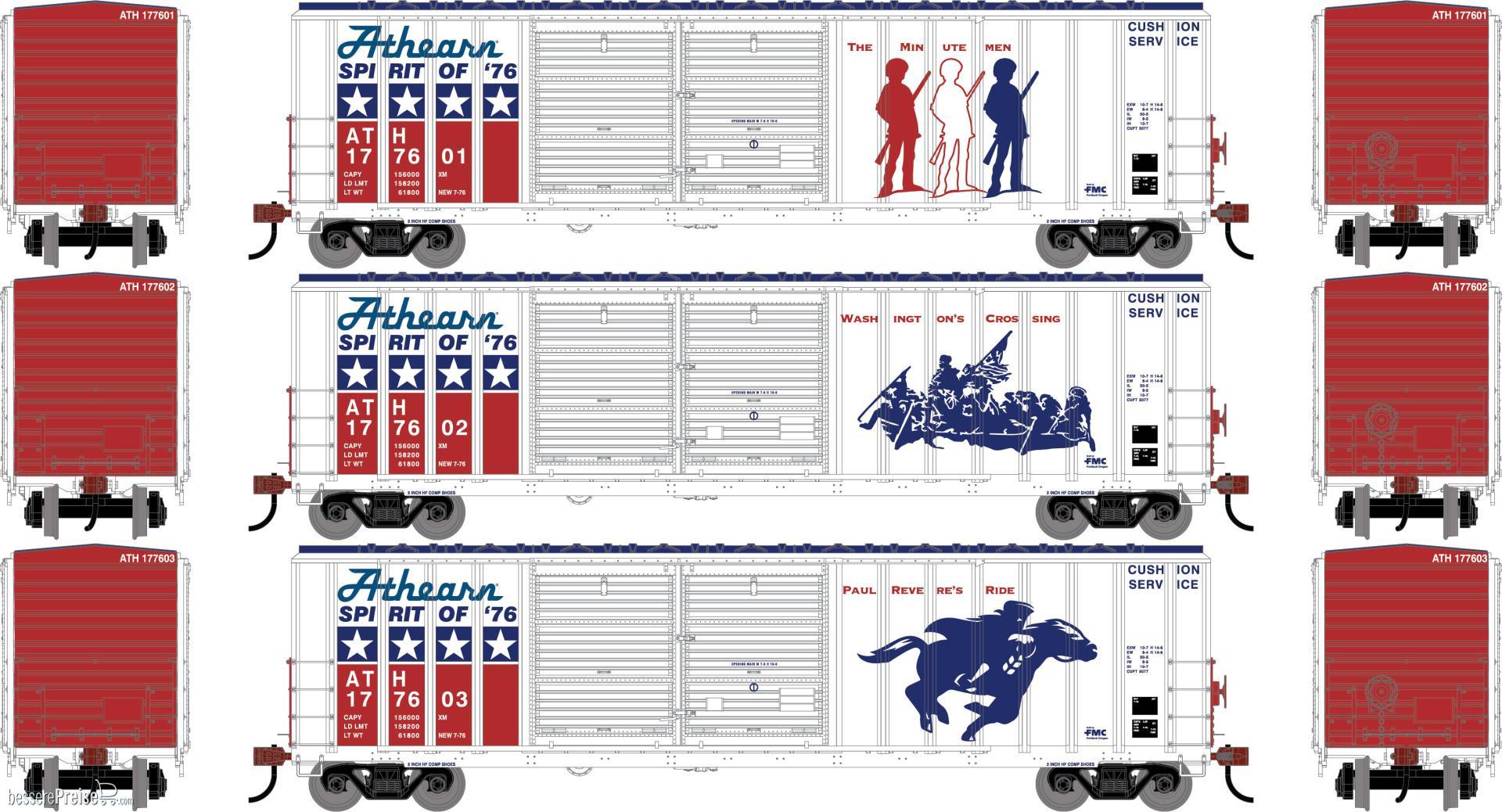 HO ATH 50' FMC 5077 DD Offset Box Car Legendary Liv 'Spirit 76' #177601/177602/177603