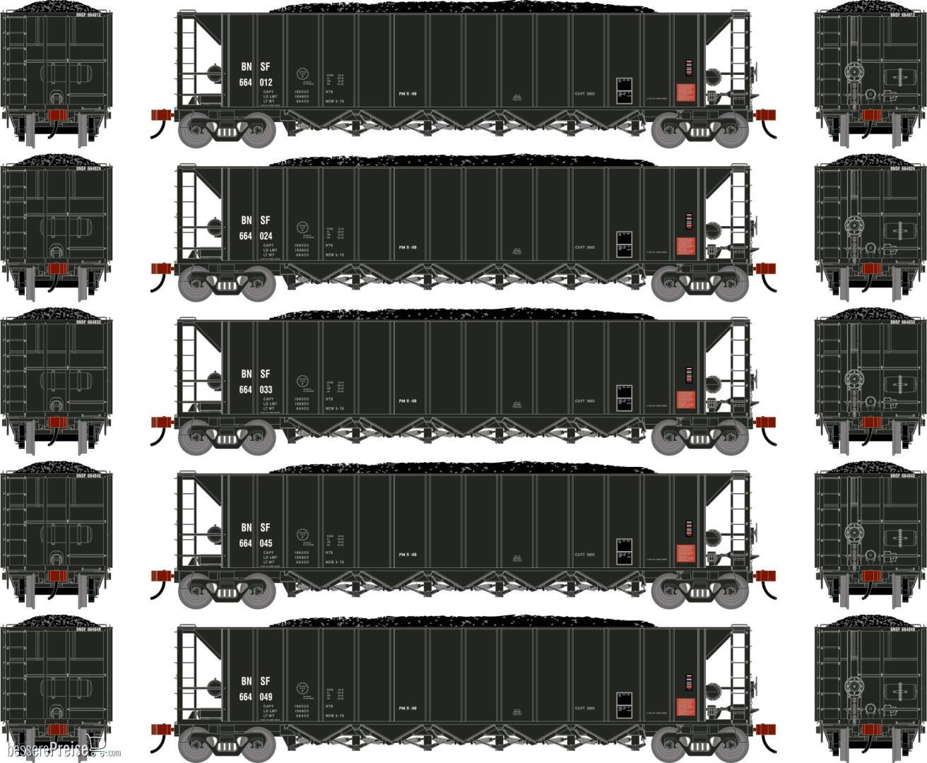 HO ATH Ortner 5-Bay Rapid Discharge Hopper w/Coal BNSF #664012/664024/664033/664045/664049 (5)