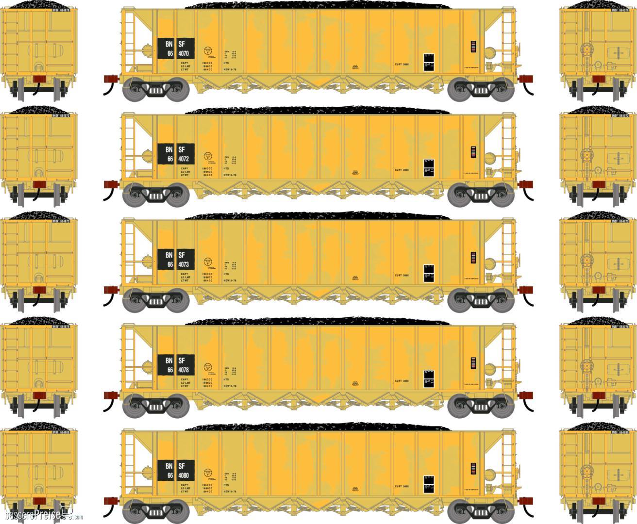 HO ATH Ortner 5-Bay Rapid Discharge Hopper w/Coal PFG BNSF #664070/664072/664073/664078/664080 (5)