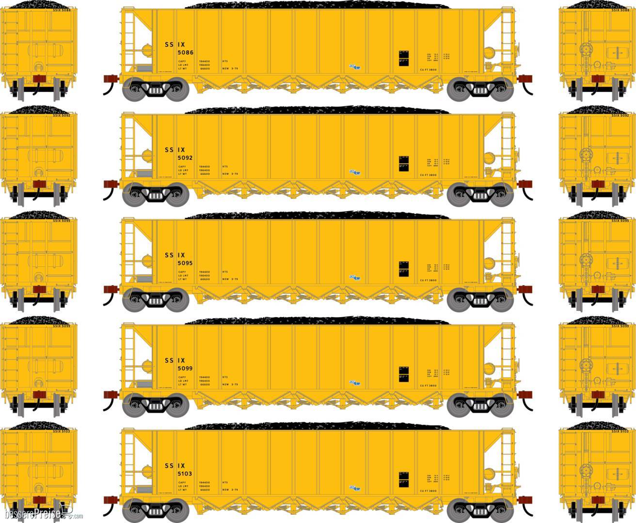 HO ATH Ortner 5-Bay Rapid Discharge Hopper w/Coal SSIX #5086/5092/5095/5099/5103 (5)