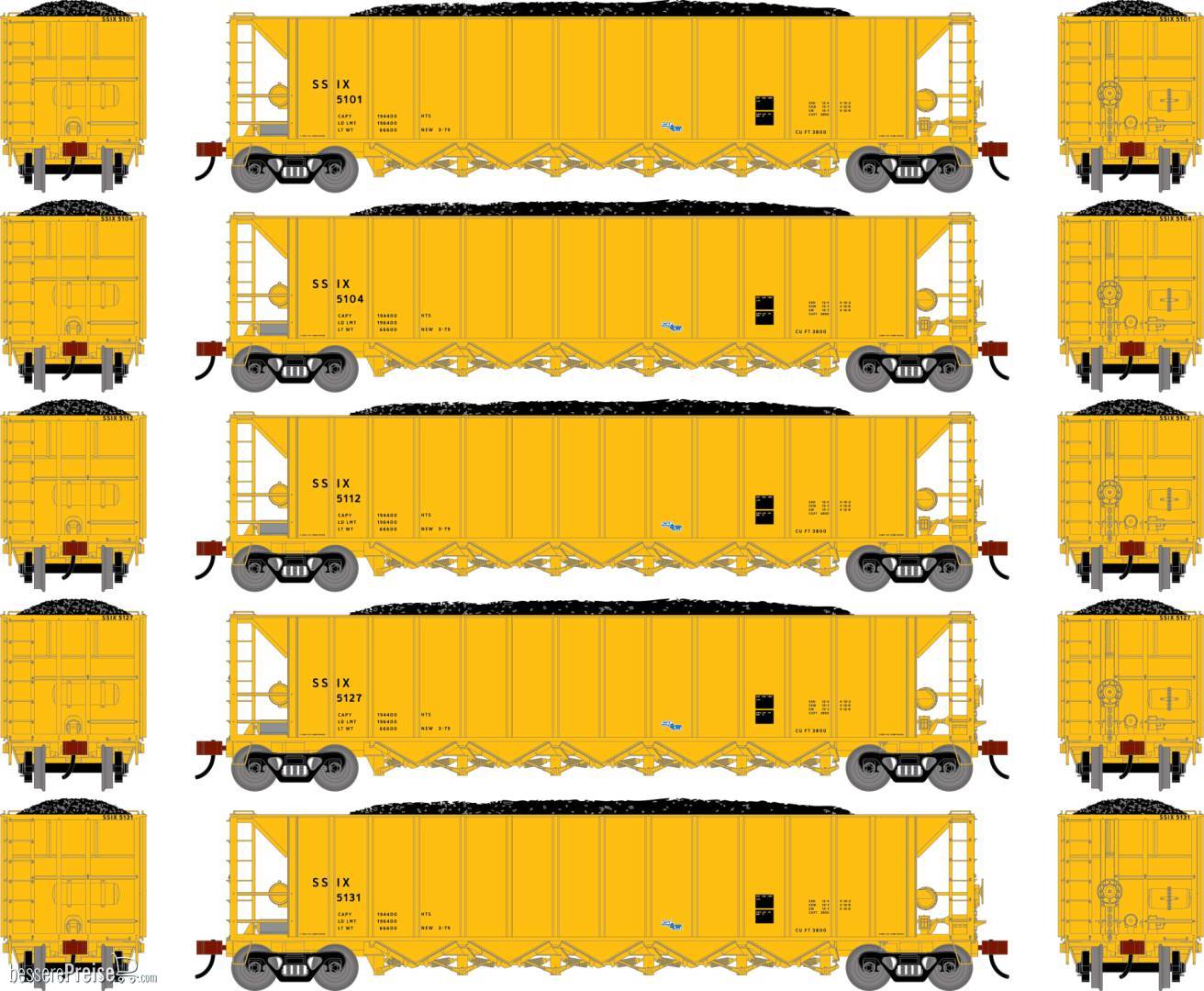 HO ATH Ortner 5-Bay Rapid Discharge Hopper w/Coal SSIX #5101/5104/5112/5127/5131 (5)