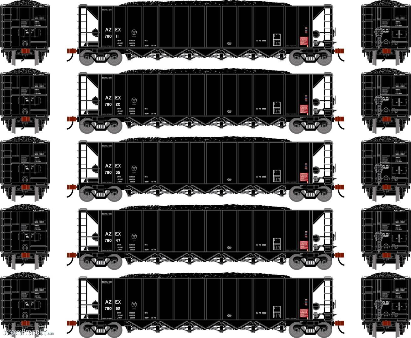 HO ATH Ortner 5-Bay Rapid Discharge Hopper w/Coal AZEX #78011/78020/78035/78047/78052 (5)