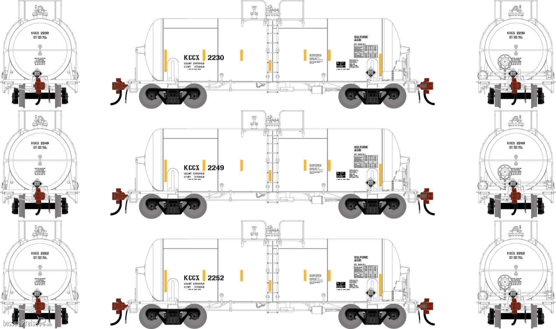 HO GEN UTC 13K Gallon Acid Tank Car KCCX #2230/2249/2252 (3)