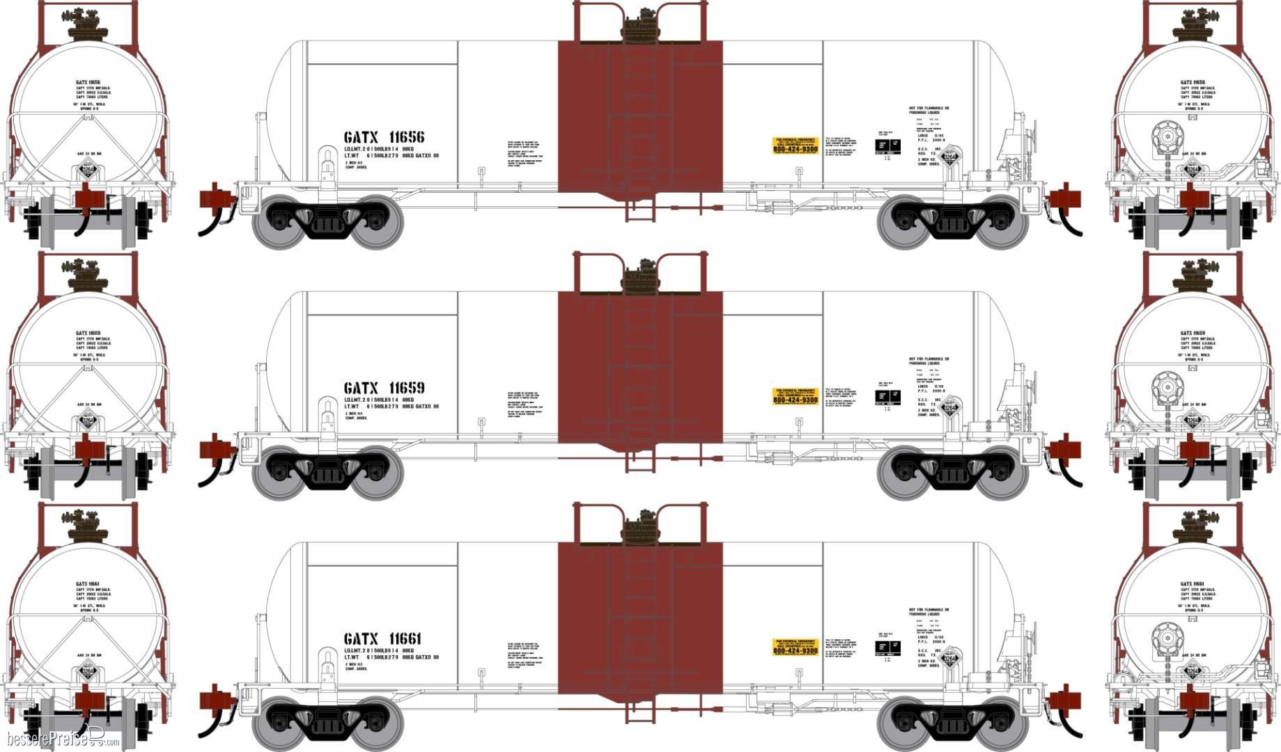 HO GEN GATC 20K Gallon Tank Car GATX 'White w/Red Band' #11656/11659/11661 (3)