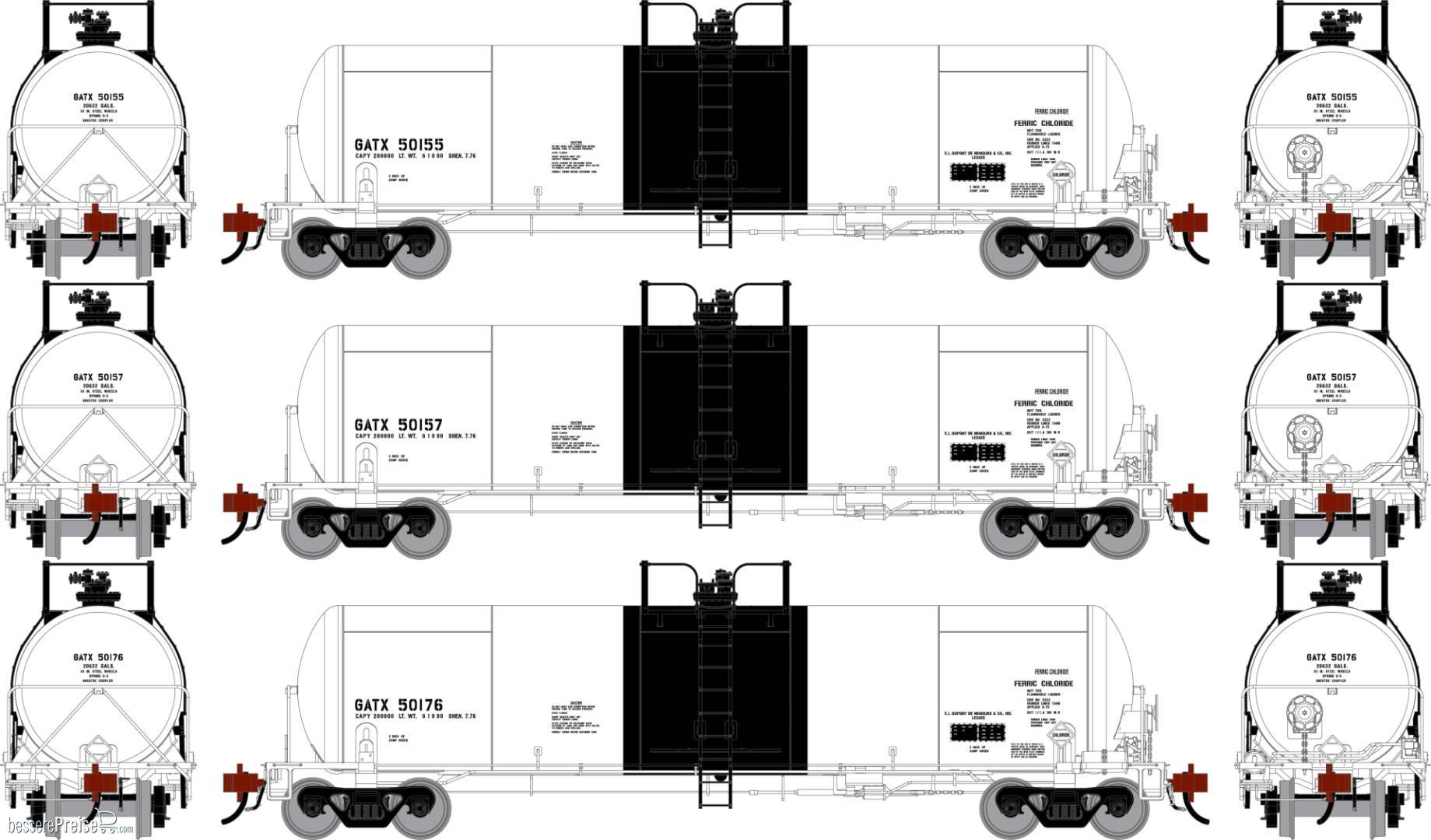 HO GEN GATC 20K Gallon Tank Car GATX 'White w/Black Band' #50155/50157/50176 (3)
