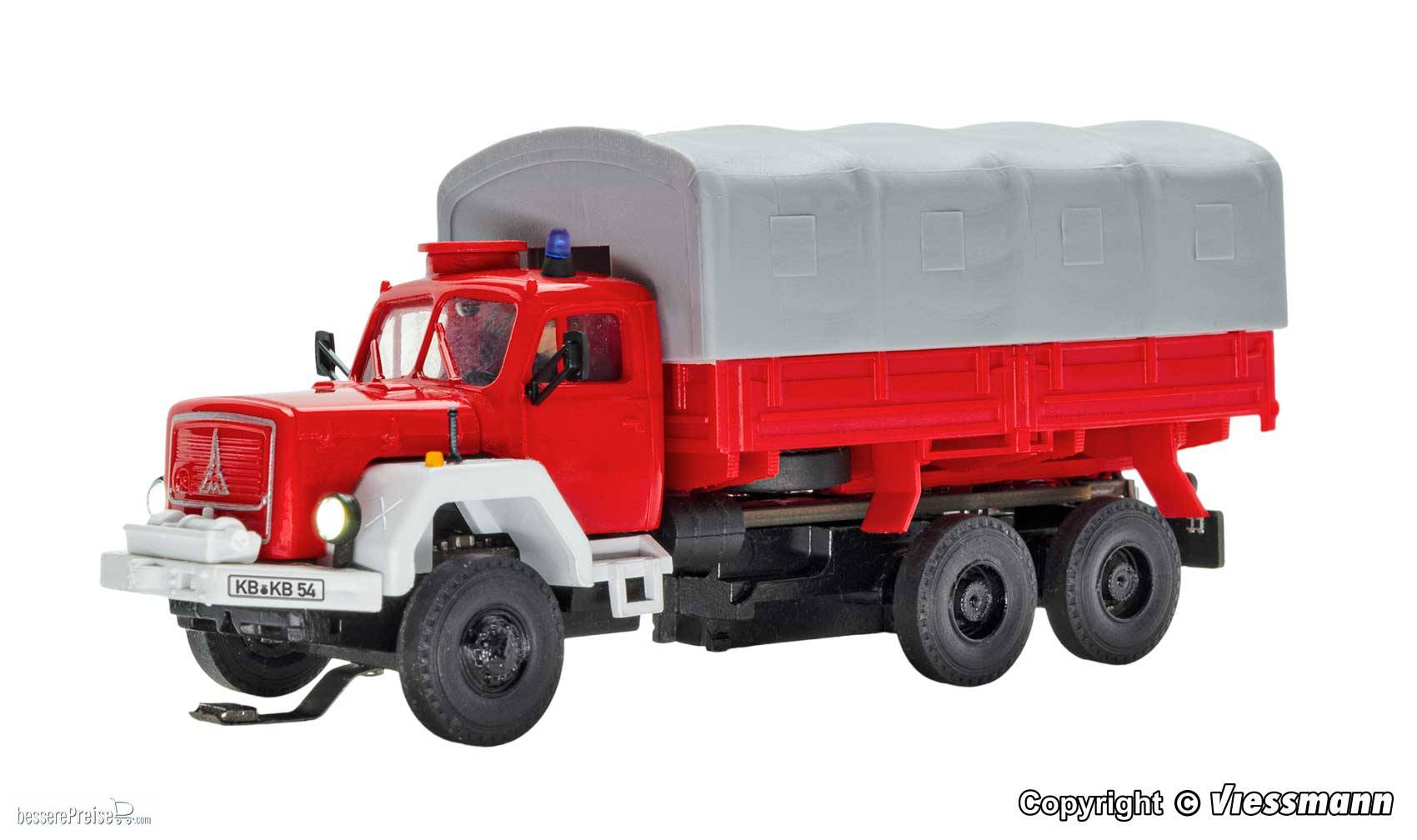 Viessmann H0 (1:87) 8054 - H0 Feuerwehr MAGIRUS JUPITER 3-achs mit Pritsche, Plane und Rundumleuchte, Basis, Funktionsmodell | Modellbahn |