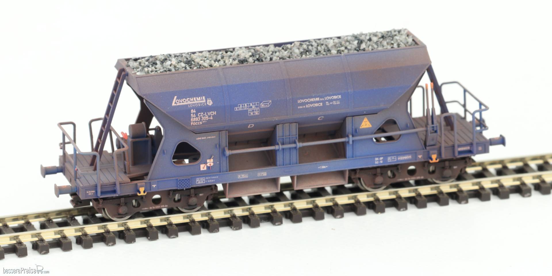 Selbstenladenwagen Faccs Lovochemie - Ep.VI - in blauer Farbgebung gealtert und mit Schotterladung
