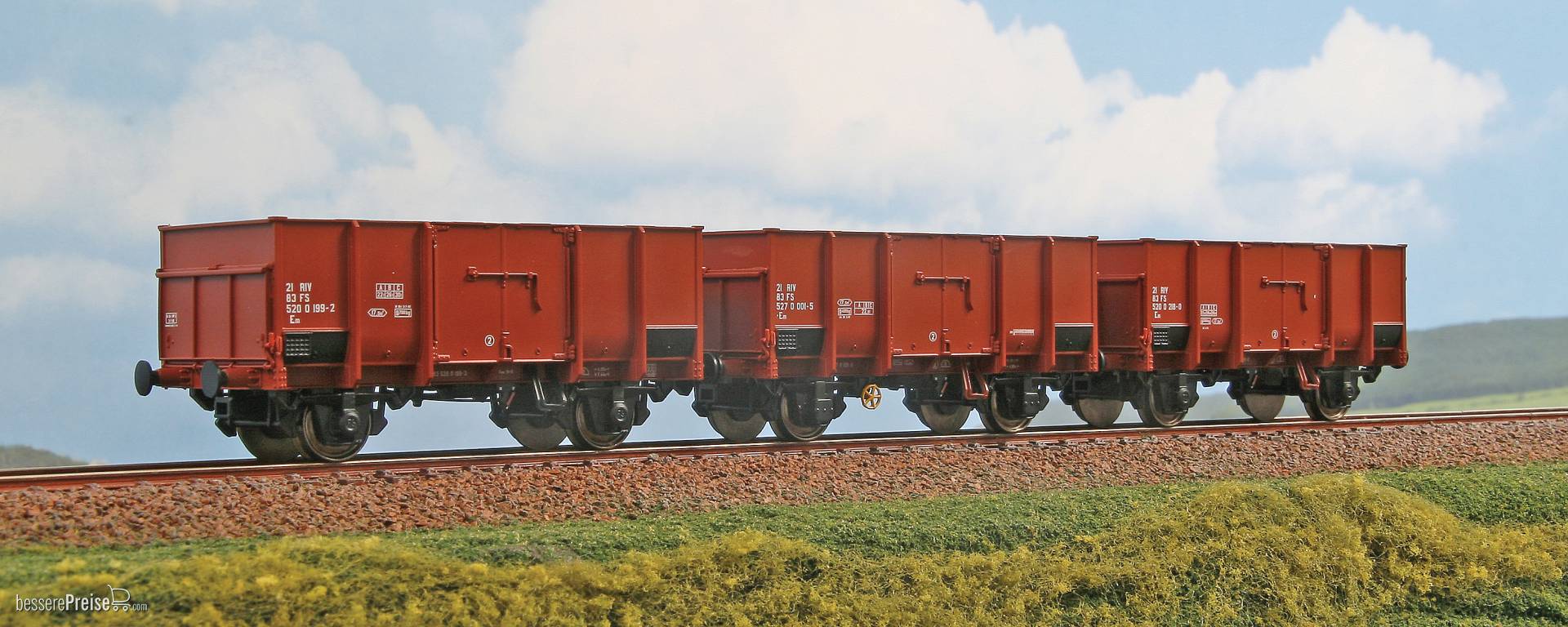 Güterwagen-Set Typ Em, der FS, 3-teilig - mit Metallladeboden für verschiedene Ladungen - Ep.IV