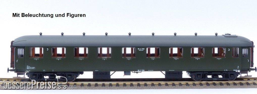 Reisezugwagen NS C7155 grün, graues Dach Epoche III (fünfziger Jahre) mit Beleuchtung und Figuren