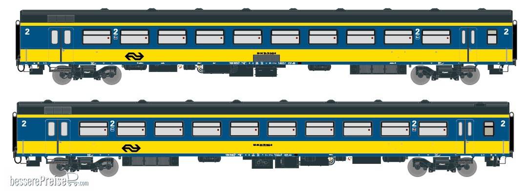 2er-Set NS ICR (Originalversion) für den Nachverkehr nach Belgien, Deutschland und Luxembourg Reisezugwagen B und Gepäckwagen BKD ( Alte Farbe Gelb / Blau)