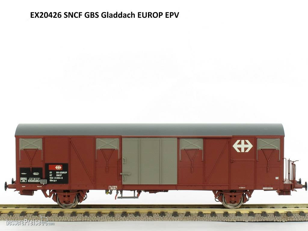 SNCF Gbs Güterwagen EUROP 0187 150 0084-2 mit grossem und kleinem Emblem, glattem Dach und Türen Epoche V