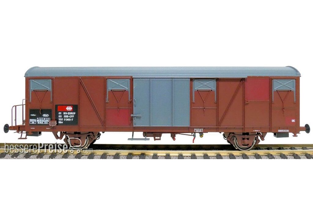 SBB Gbs Güterwagen EUROP mit Farbflächen, kleinem SBB Emblem, geripptem Dach und glatten Türen Epoche V