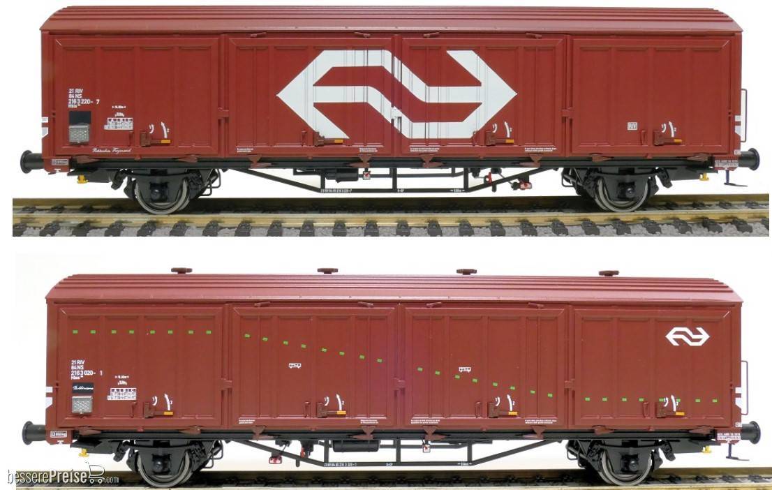 2er-Set NS .Hbis Nr. 21 RIV 84 NS 216 3 220-7, 3 Sicken, braun, gross NS Logo und Aufschrift 'Rotterdam Feyenoord' und NS .Hbis Nr. 21 RIV 84 NS 216 3 020-1 , 3 Sicken, braun, grüner  Streifen und Aufschrift 'Bellinzone'