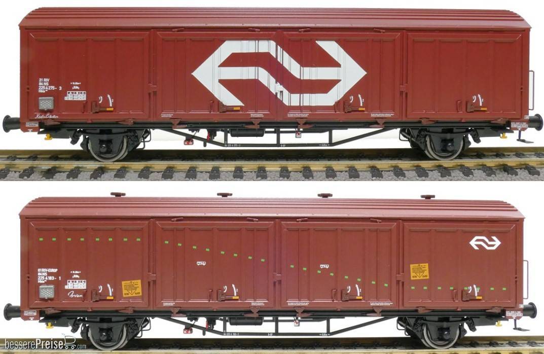 2er-Set NS Hbis Nr. 21 RIV 84 NS 225 4 275-1, 3 Sicken, braun, gross NS Logo, Aufschrift 'Köln Eifeltor' und NS Hbis Nr. 01 EUROP 84 NS 225 4 183-1, 3 Sicken, braun, grüner Streifen, Aufschrift 'Vienne'