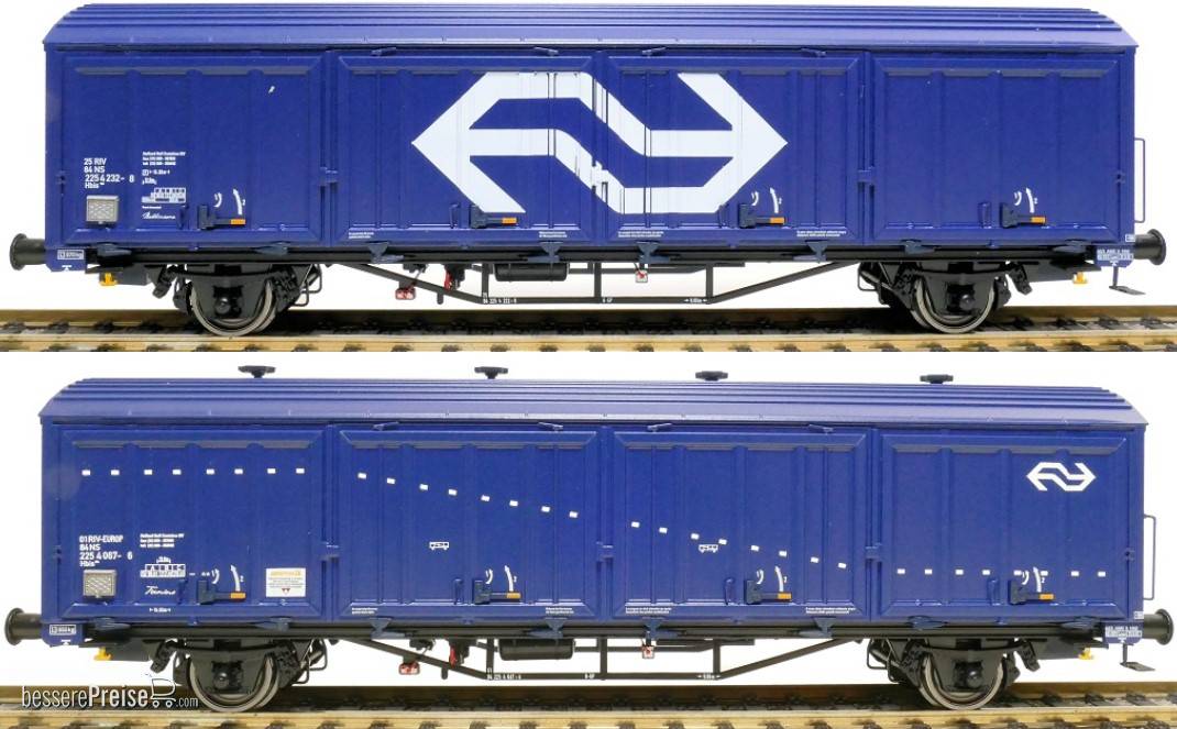 2er-Set NS Hbis Nr. 25 RIV 84 NS 225 4 232-8, 3 Sicken, blau, gross NS Logo, Aufschrift HCR 'Bellinzone' und NS Hbis Nr. 01 EUROP 84 NS 225 4 067-6, 3 Sicken, Blau, weiser Streifen und Aufschrift HCR 'Torino'