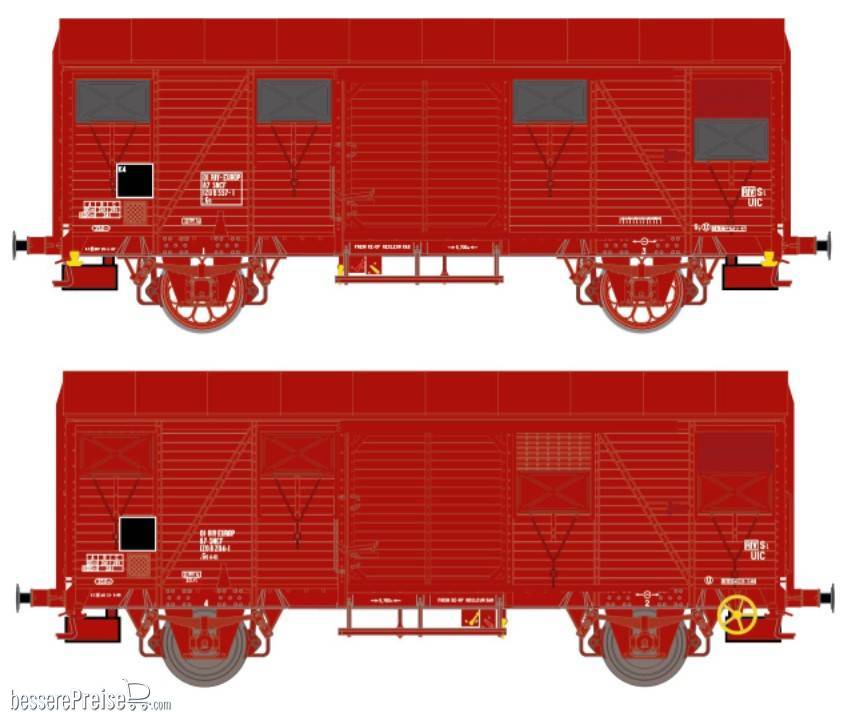 2er-Set SNCF Gs Rotbraun Nr. 01 RIV-EUROP 87 SNCF 120 8 557-1 .Gs mit OCEM Lager und Leonard Speichenrädern und Nr. 01 RIV-EUROP 87 SNCF 120 8 204-1-1 .Gs4-01 mit UIC SKF Lager und Diskus Räder