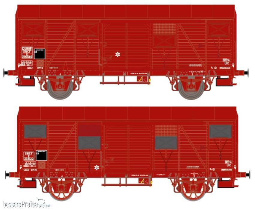 2er-Set SNCF K 3381122 mit OCEM Lager und Leonard Speichenrädern RotBraun und K 336546 EUROP mit UIC SKF Lager und Diskus Räder Braun