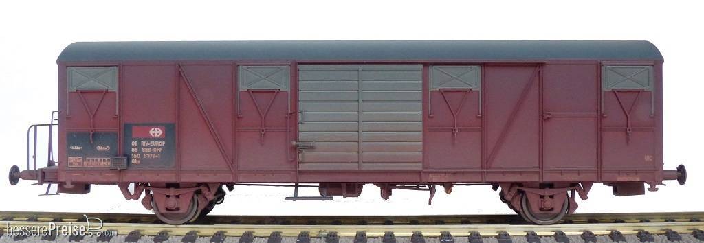SBB Gbs Güterwagen EUROP mit kleinem SBB- Emblem, glattem Dach und Türen mit Sicken (Verschmutzt)