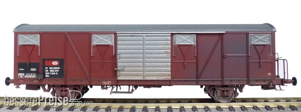 SBB Gbs Güterwagen EUROP mit kleinem SBB Emblem, geripptem Dach und Türen mit Sicken Epoche V (Verschmutzt)