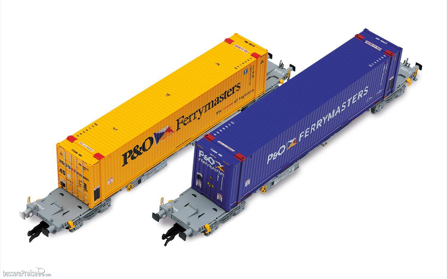 2-tlg. Set 4-achs. Containertragwagen, 2 x 45'-Container „P & O Ferrymasters“, in blauer bzw. gelber Farbgebung, Ep. VI