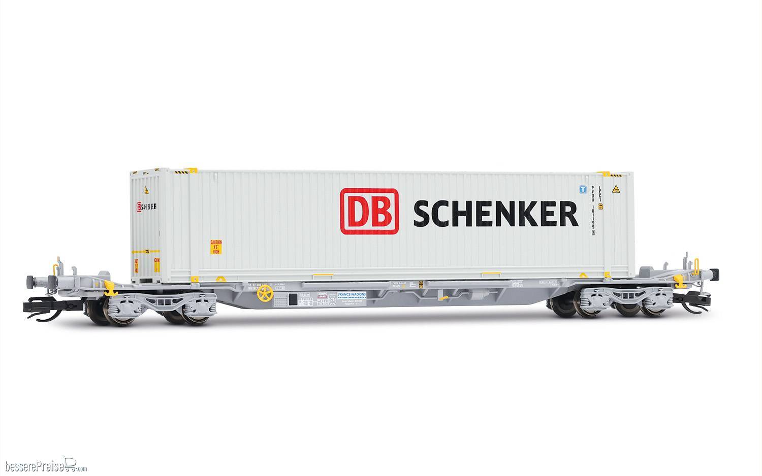 4-achs. Containertragwagen, grau, mit weißem 45'-Container „DB Schenker“, Ep. VI